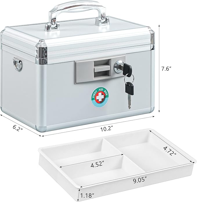 KYODOLED Locking Key Medicine Box,First Aid Key Safe Box with Lock,Key Medication Storage Lock Box for Drugs Use, 10.2'' x 6.2'' x 7.7'' White