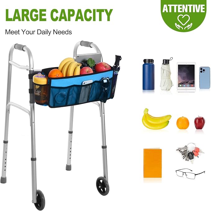 CTWWFS Upgrade Walker Basket with Cup Holder, Foldable Walker Storage Bag for seniors with Big Capacity & Never Tipping Over, Best Gift for Family (Sky Blue)