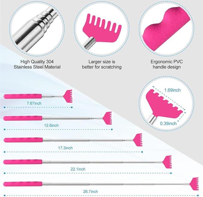 Yeipis 3 Pack Different Back Scratcher Metal Portable Telescoping Back scratchers with Rubber Handles, Extendable Back Massager Tool, Great Stocking Stuffers for Men Women Kids Adults（Pink）