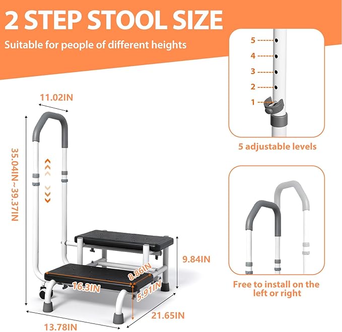 Step Stool with Handle for Elderly with Lockable Casters 5-Level Adjustable Handrail Non-Slip Platform Bed Steps for High Beds for Adults for Bathtub Kitchen High Beds Foot Stool