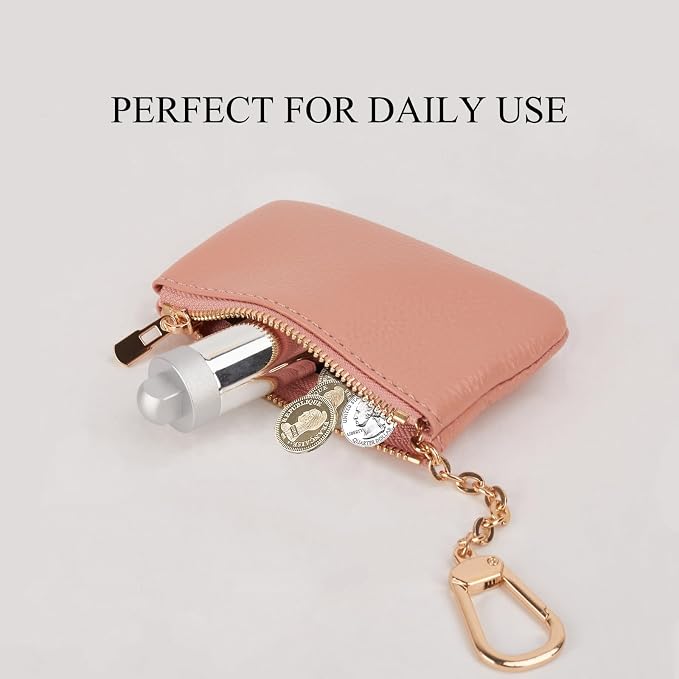 Full Grain Leather Coin Purse with Key Chain - Small Change Purse Keychain Card Holder Keychain Pouch Small Keychain Wallet for Women and Men (Pink)