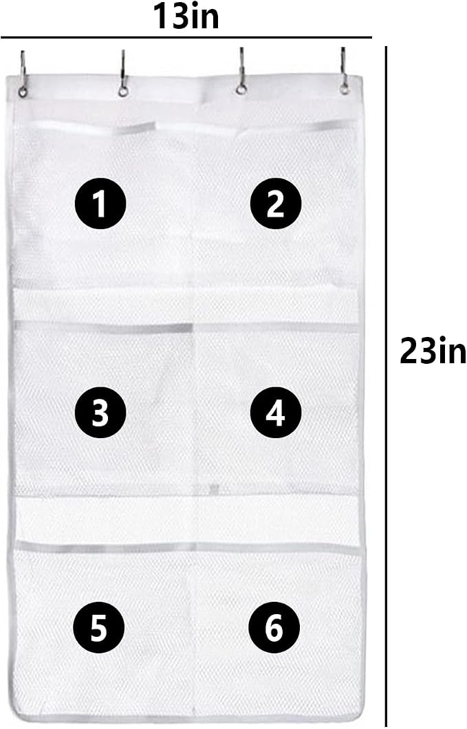 Quick Dry Mesh Pockets Fabric Bathm Hanging Mesh Pockets Shower Organizer,Shower Hanging Mesh Organizer Quick Dry Storage Bathroom Accessories with 6-Pocket, 4 Hooks