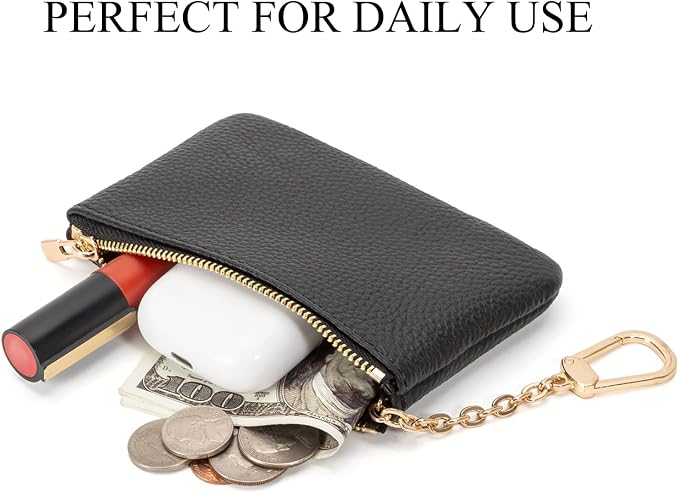Full Grain Leather Coin Purse with Key Chain - Small Change Purse Keychain Card Holder Keychain Pouch Small Keychain Wallet for Women and Men (Black - Large Size)