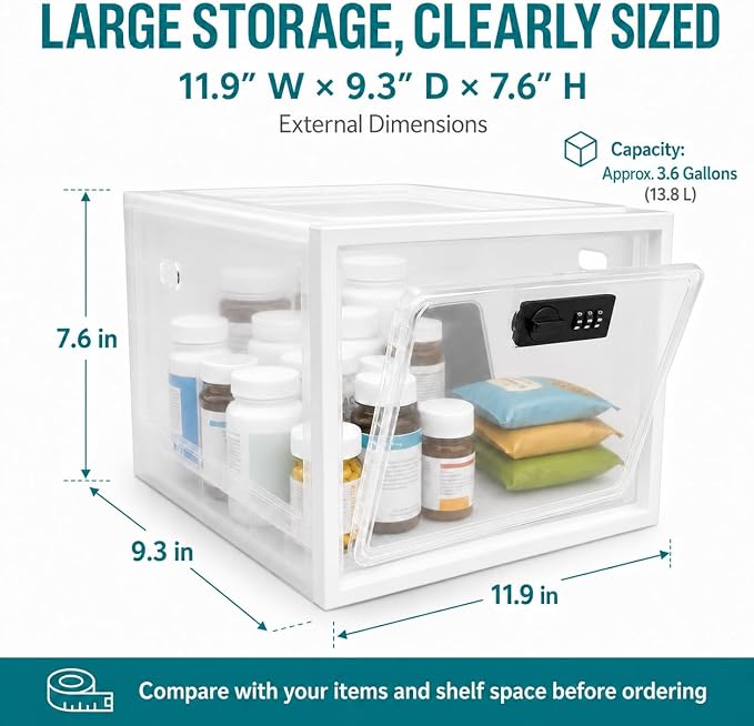 2 Pack Large Medication Lock Box with Code, Clear Lockable Storage Box for Refrigerator, Cabinet & Dorm, Stackable Medicine Box for Prescriptions, Snacks, Phone, 11.9" x 9.3" x 7.6", White