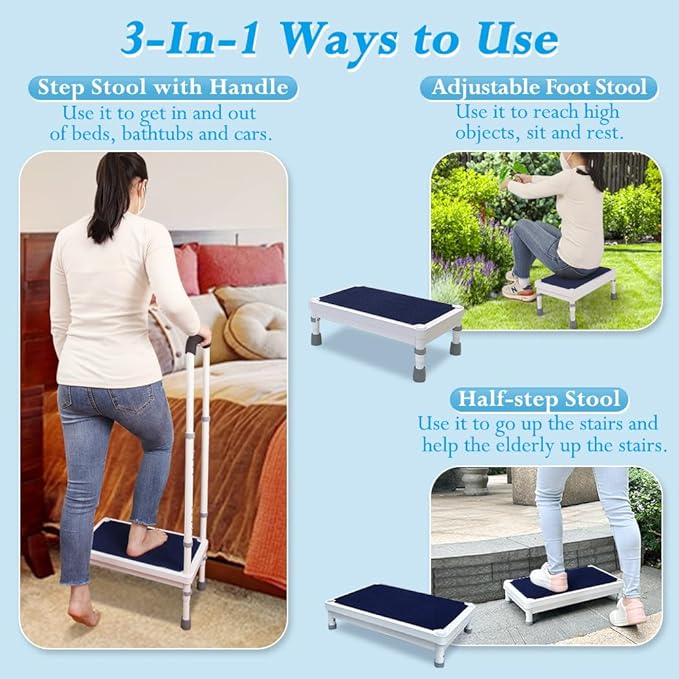 Bedside Steps for High Beds for Elderly Adults One Step Stool with Handle SUV Car Stepping Stool Seniors Stand Assist Aid Medical Heavy Duty 400lb Wide Platform Footstools for Bedroom Bathroom