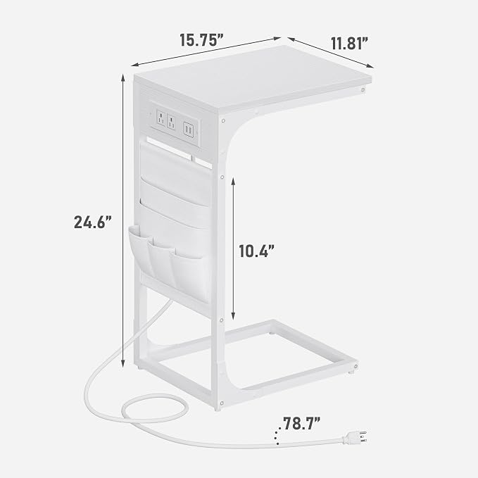 TUTOTAK C Shaped End Table with Charging Station, Side Table for Sofa | Couch Table with Storage Bag, TV Tray with 2 USB Ports and Outlets, Set of 2, Living Room and Bedroom, White TB01BW0242