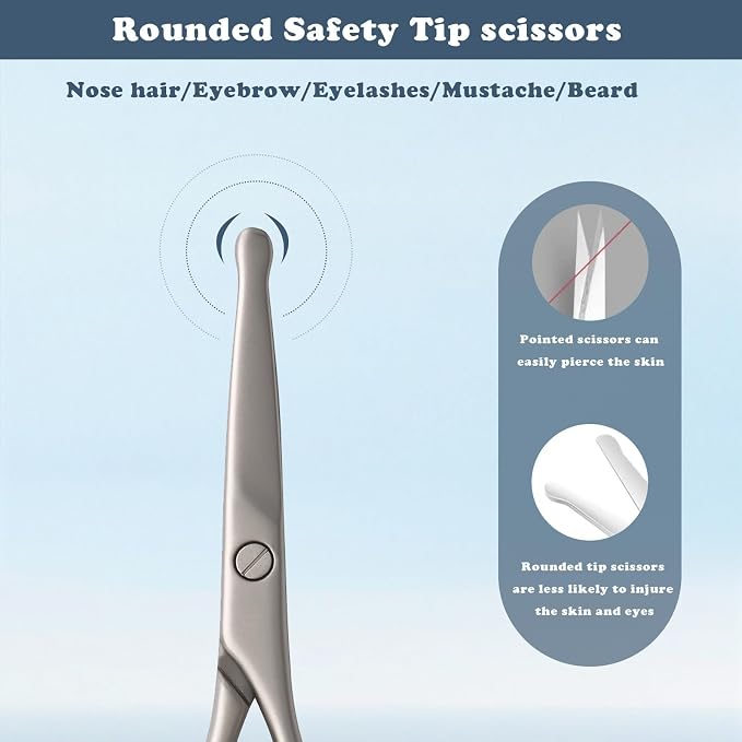 Nose Hair Scissors Safety Round Tip - Stainless Steel Facial Trimmer for Men & Women, Small Grooming Shears for Eyebrow Beard Mustache Ear - with Leather Travel Pouch (Silver)