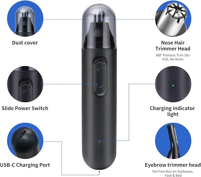 GERY Nose Hair Trimmer for Men & Women, 2 in 1 Eyebrow Trimmer with Dual Replaceable Heads, Nasal Hair Cutter, Painless Multifunctional Clipper, Facial Cleansing & Skin Care Kit, USB Rechargeable
