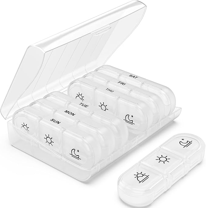 PULIV Weekly Pill Organizer 3 Times a Day, Portable Travel Pill Box 7 Day with Large Pill Containers, Light-Proof Pill Case for Vitamins, Medication, Supplements and Fish Oils (White)
