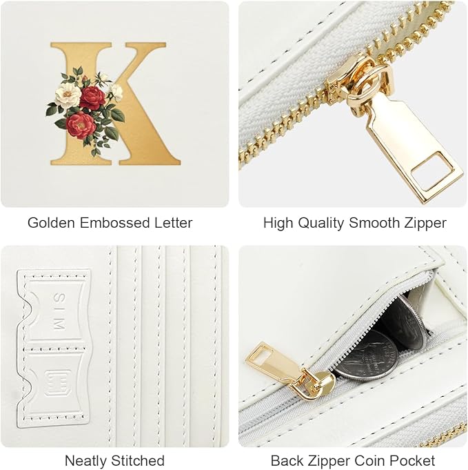 Passport Holder for Travel Personalized Wallet with Wristlet Women | All-in-One Passport Cover, RFID Blocking, Back Coin Pocket, Paper Money Slot, Zipper Closure, Roses Initial Letter, White K