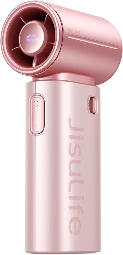 JISULIFE Handheld Fan Life9S - Sleek Chrome: Turbo Power, 22 Hours Cooling | LED Display, 5000mAh, 5-Speeds, Mini Portable Fan for Travel, Cruise, Concerts, Trendy Gifts for Women Men -Pink