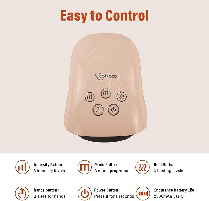 cotsoco Hand Massager - 3Massage Sizes, Cordless Hand Massager with Heat & Compression for Arthritis and Carpal Tunnel, Gift for Men Women Family Friends, Relaxation at Home, Office, Outdoors, Pink