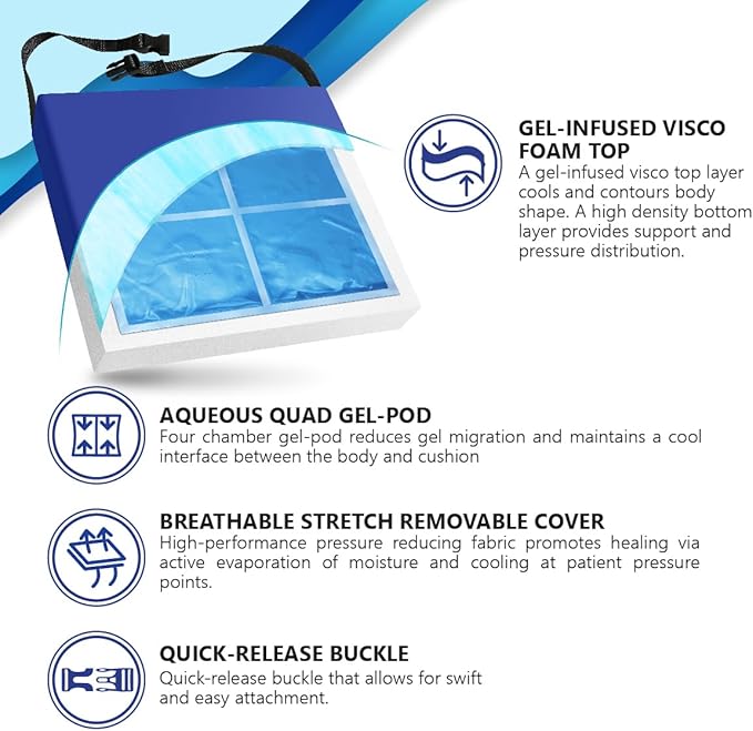 NYOrtho Gel Wheelchair Cushion - Gel-Infused Memory Foam Cooling Comfort - Non-Slip, Water-Resistant Seat Cushion for Long Sitting - Ideal for Wheelchairs - Gel Pad 22" x 18" x 3" - Made in USA