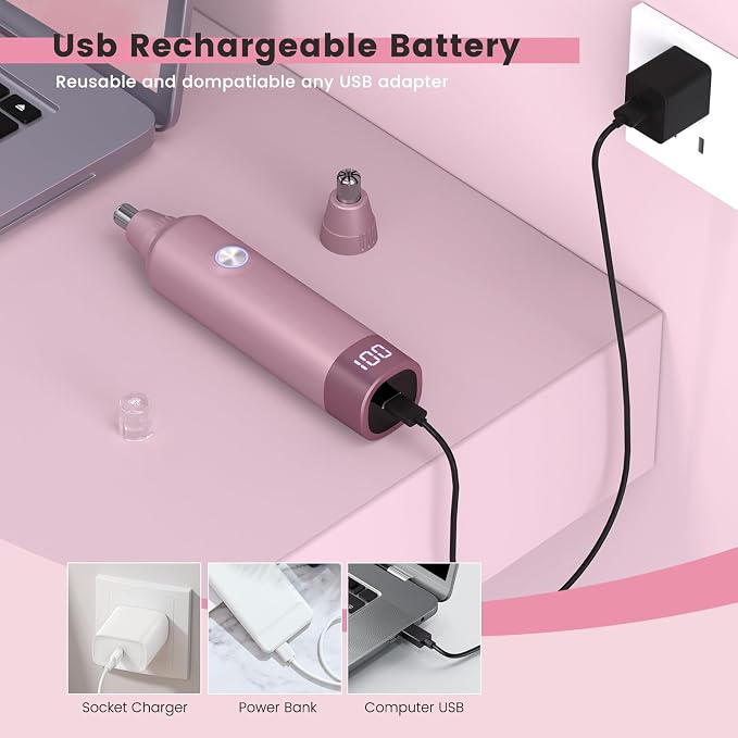 Ear and Nose Hair Trimmer for Men and Women, Painless USB Rechargeable Electric Facial & Eyebrow Hair Remover with LED Display, Dual-Edge Blades for Smooth,13000 RPM Motor IPX7 Waterproof (Rose Gold)