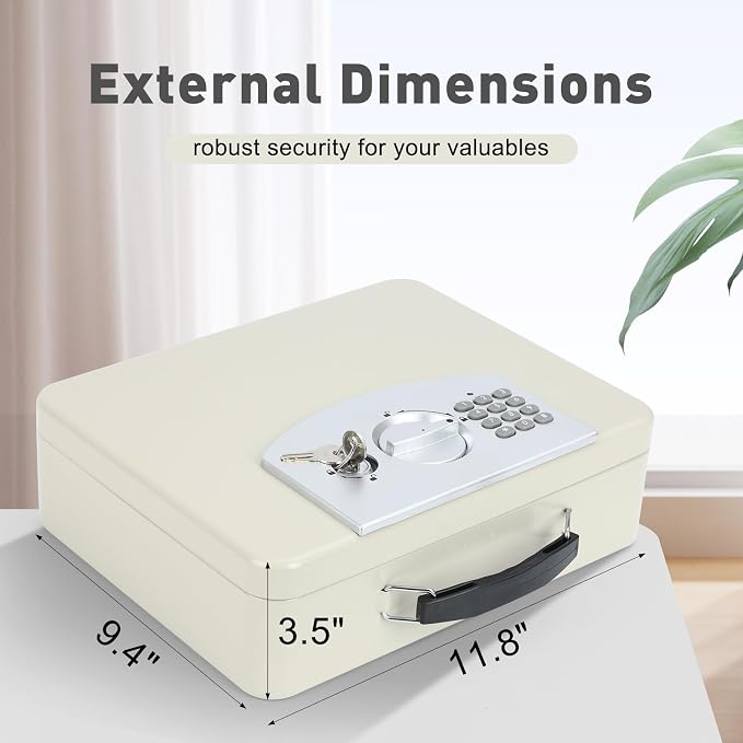 KYODOLED Off-White Safe Box with Digital Keypad Lock, Lock Box with Code for Personal Items, Metal Security Box for Cash, Passport, Ideal for Home, Office, Garage Sale, 11.8'' x 9.4'' x 3.5''