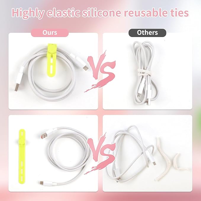 Oligei 50 Pcs Silicone Cable Ties, Cable Ties Reusable, High Elasticity Cord Wraps for Electrical Cords, Cord Organizer for Earphone, Phone Charger(Colorful)