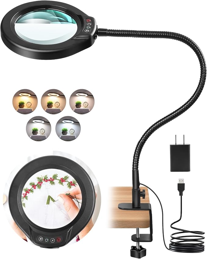 IVMAIE 15X Magnifying Glass with Light and Clamp, 5 Inch Real Glass Magnifying Desk Lamp with Stand, Long Gooseneck, 5 Color Modes Lighted Magnifier Hands Free for Crafts Painting Jewelry Close Work