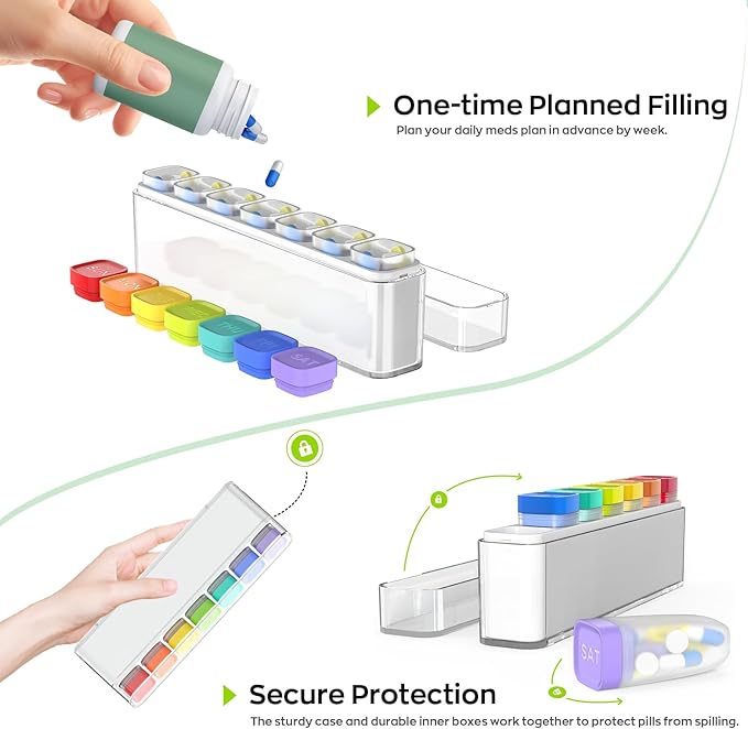 Weekly Pill Organizer 1 Time a Day, HIONXMGA Detachable Travel Pill Box 7 Day, Large Medicine Pill Case Container for Daily Medication Vitamin Supplement Fish Oil, Portable Week Pills Holder, White