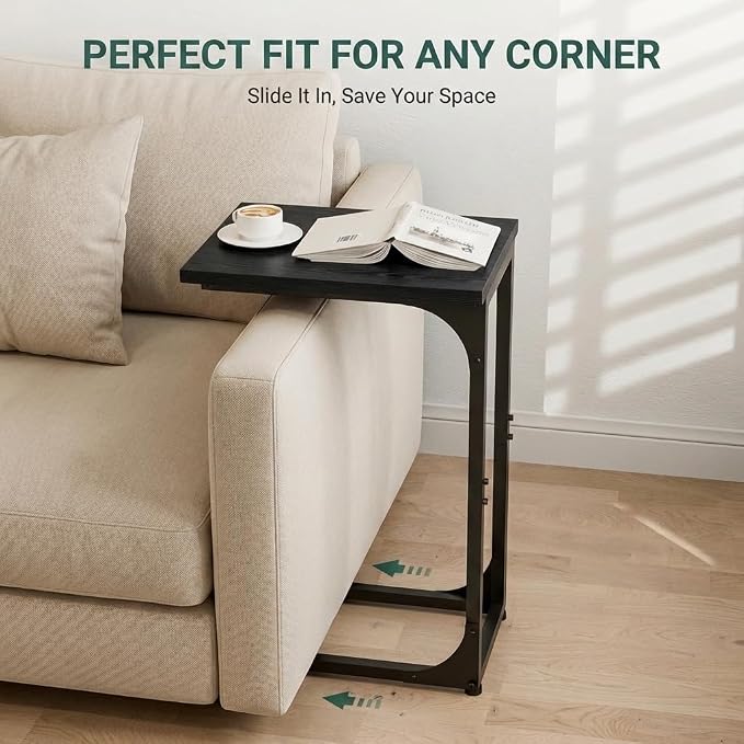 TEMI C Shaped End Table for Couch - Small Side Table and TV Tray for Eating or Laptop, Accent Desk for Chair or Sofa, Easy Assembly, Space-Saving Design for Living Room or Bedroom,Black