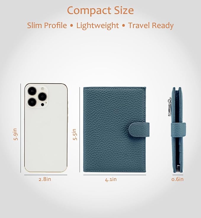 Leather RFID Blocking Slim Passport Holder for Travel Women | Multiple Passport Wallet for Women with Card Slots, Zipper Coin Pocket, Travel Passport Cover Case Gift Ready Denim Blue