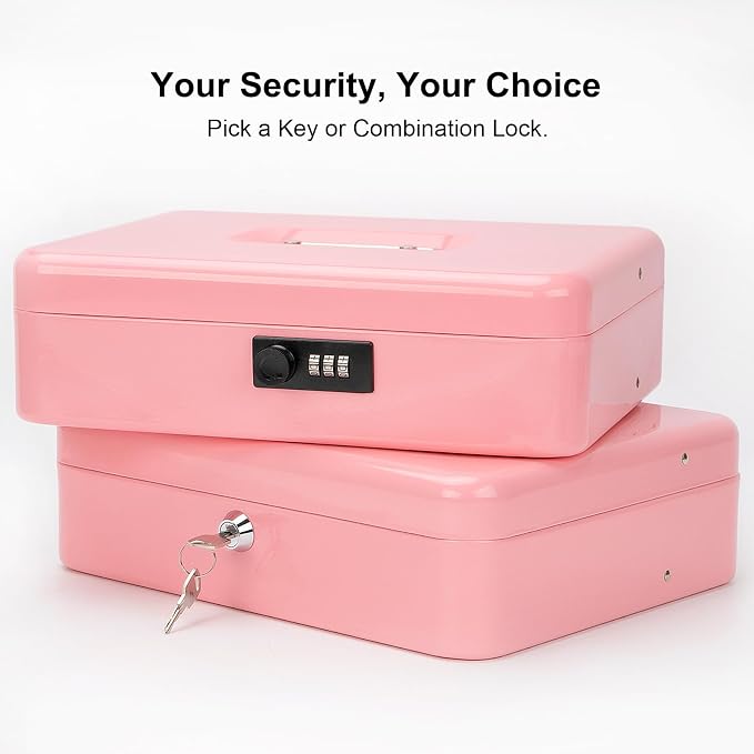 Jssmst Cash Box with Money Tray and Lock - Pink Cash Box with Key Lock Safe Money Box Large, Locking Register Drawer for Money, 11.8'' x 9.5'' x 3.5'', SM-CB005PK