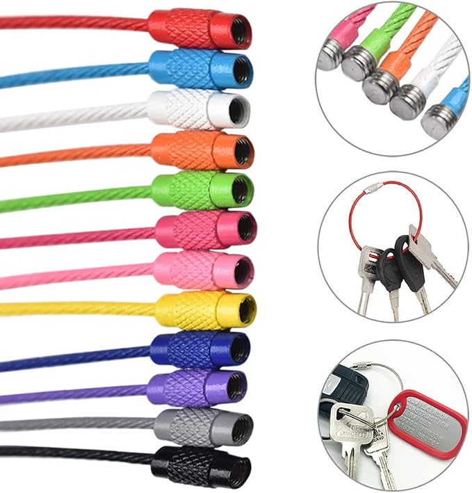 CooBigo 12 Pack Metal Luggage Tag Loops Holder Women 6" Wire Keychain Cable Key Chain Rings for Crafts Keyrings Bag Tassels Jewelry Making (12 Assorted Color, 1.5mm)