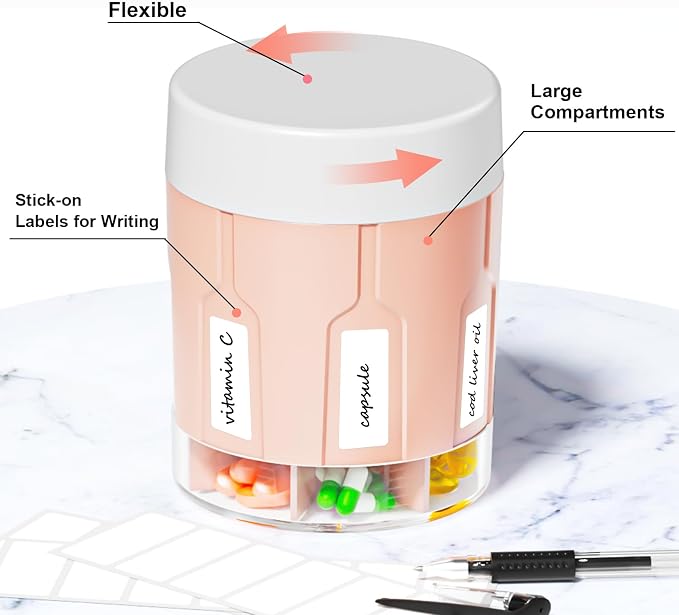 Betife Extra Large Supplement Organizer,Weekly Pill Organizer Bottle, Daily Pill Dispenser with 7 Large Compartments, Organizer to Hold 7 Day Vitamin Medication,21 Labels and a Cleaning Brush（Pink）