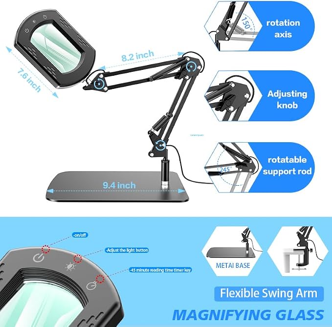 Magnifying Glass with Light and Stand, 15X Hands Free Lighted Magnifying Lamp with 5 Color Modes and Swing Arm, Dimmable LED Desk Magnifier for Crafts, Sewing, Reading, Jewelry, Soldering, Seniors