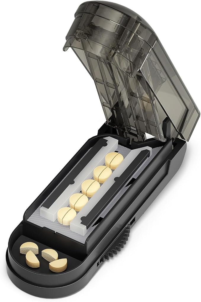 ONE PIX Multiple Pill Cutter Splitter for Small and Tiny Pills, Accurate 1/2 Tablet Splitter with Adjustable Bars & Hidden Blade, Safely Cuts Large Medication for Seniors & Pets, Grey