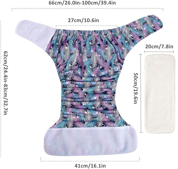WEEOATAR Unisex Reusable Adult Cloth Diaper,Washable Swim Nappies,Adjustable Incontinence Pocket Diaper with Magic Stickers,Protective Underwear for Seniors,Disability,Postpartum(Leaf) One Size