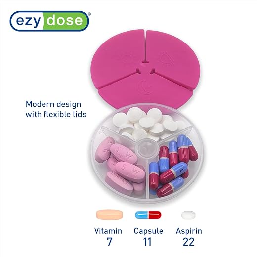 Ezy Dose Weekly (7-Day) Daily Pill Case, Medicine Planner, Vitamin Organizer Container, Compact Round Containers with Flexible Lids and Removable Compartments, 3 Times a Day, Pink, BPA Free
