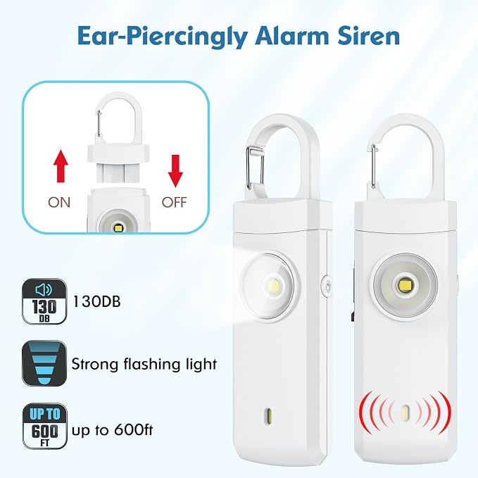 Rechargeable Personal Alarms for Women - Christmas Birthday Gifts for Women, Stocking Stuffers for Teen Girl, Daughter, Safety Keychain Flashlight, Siren Alarm, Travel College Essentials (White)