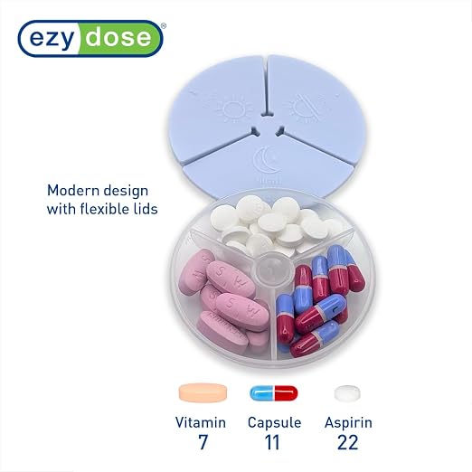 Ezy Dose Weekly (7-Day) Daily Pill Case, Medicine Planner, Vitamin Organizer Container, Compact Round Containers with Flexible Lids and Removable Compartments, 3 Times a Day, Soft Rainbow, BPA Free