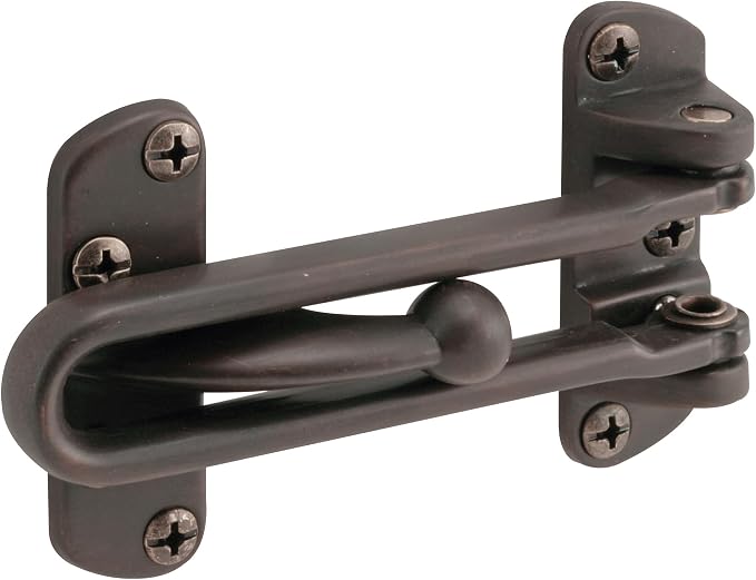 Prime-Line U 10309 Swing Bar Lock for Hinged Swing-in Doors Secondary Security Lock, 3-7/8 in. Bar Length, Diecast Zinc Construction, Classic Bronze Finish (Single Pack)