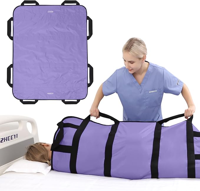 Multipurpose 48" x 40" Positioning Bed Pad with Reinforced Handles - Reusable & Washable Patient Sheet for Turning, Lifting & Repositioning - Double-Sided Nylon Fabric, Purple
