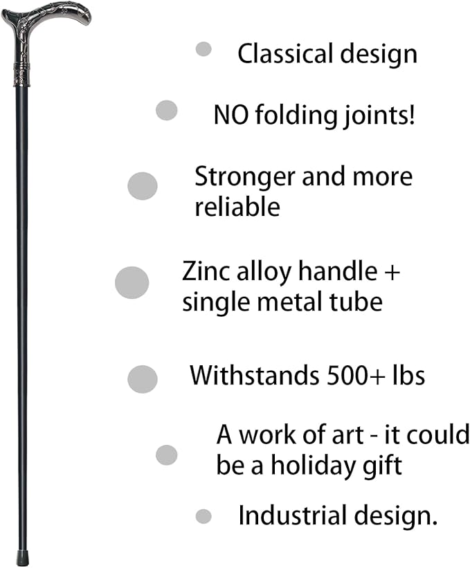 Walking Cane for Men & Women - Heavy Duty 500+ lbs Capacity, Gothic Decorative Ornate Metal Cane with Ergonomic Handle, Black & Silver Design Walking Stick for Senior