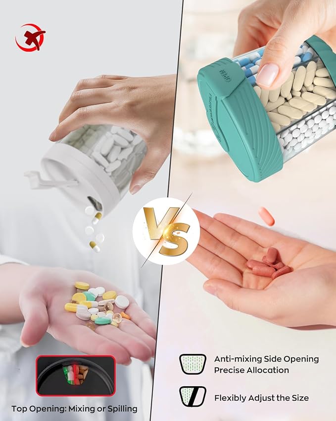 Cute Pill Dispenser with 7 Large Compartments, Portable Pill Bottle Organizer with Wide Opening for Travel, Anti-Mixing Pill Container, Shatterproof BPA-Free, Includes 20 Pcs Labels, Black