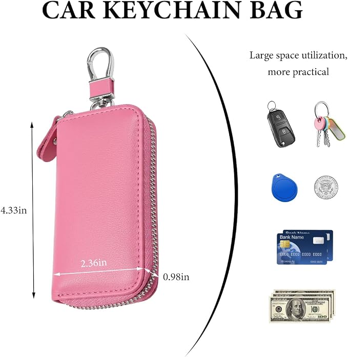 Leather Car Key Holder Bag, Unisex Key Fob Case with 6 Hooks, Zipper Closure Keychian Case Wallet for Smart Keys (Pink)