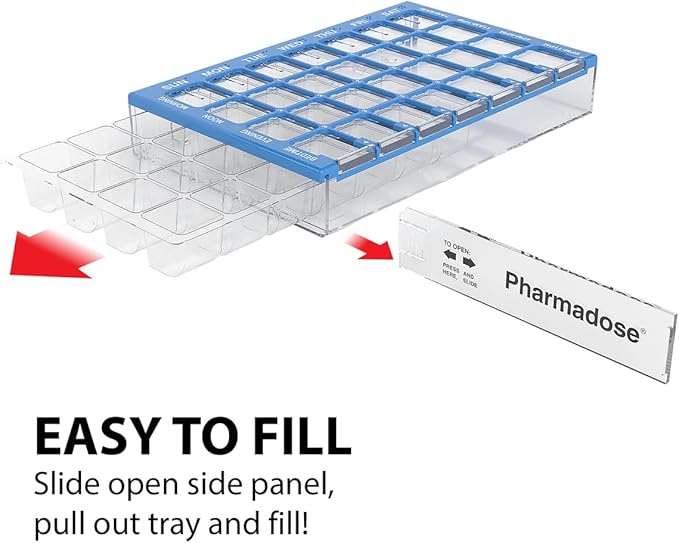 EZY DOSE Pill Organizer Weekly (7-Day), Medicine Planner, Vitamin Case/Box, Medium Compartments with Easy Fill Tray, 4 Times a Day, Easy to Use Containers, Clear Lids, Blue, BPA Free