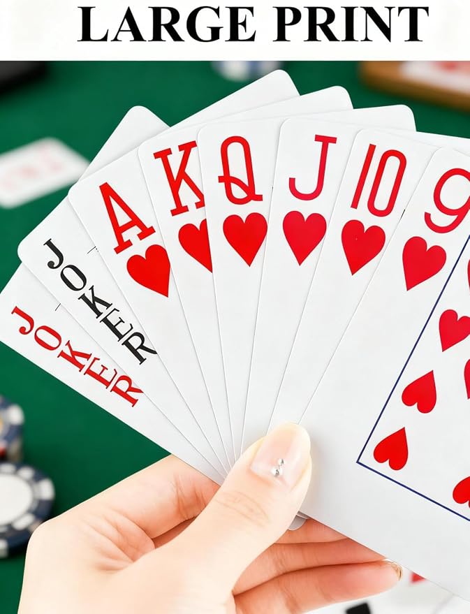 Teskyer 2 Deck Plastic Playing Cards, Large Index, Pattern B | Poker Size, Frosted Texture Back, Flexible Plastic Material, Smooth Shuffling, Seniors & Family Games