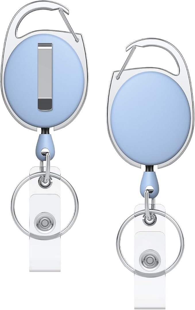 Uniclife 2 Pcs Retractable Badge Reel Keychain Clip Heavy Duty Light Blue | For Badge Holder, Keys and ID Card, Key Card Extender, ID Badge Retractable Cord, with Carabiner Belt Clip and Key Ring