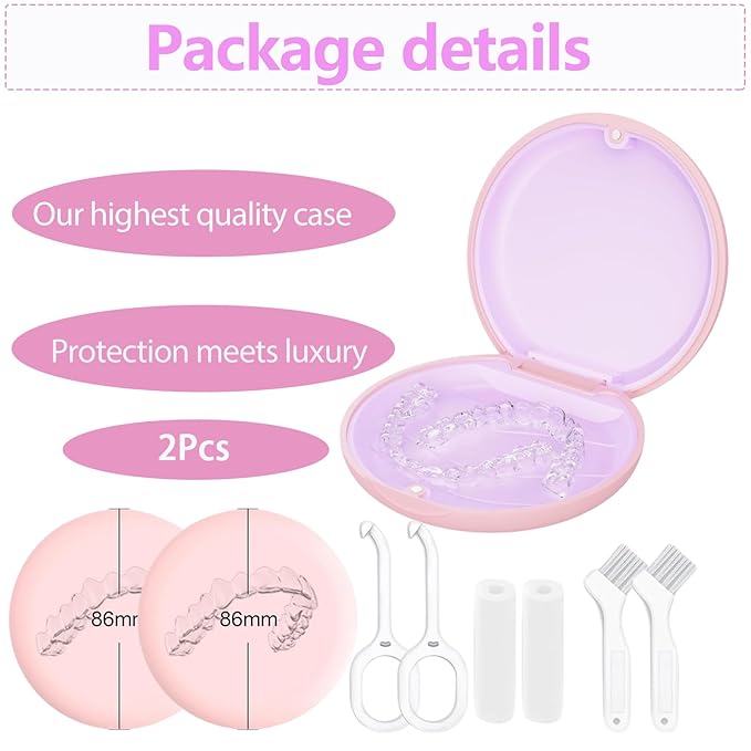 2 Retainer Case, Slim Aligner Cases for Invisalign, Mouthguard Case with Removal Tools& Aligners Chewies& Brush, Removable Inner Tray Silicone for Easy Cleaning (Pink-2pcs)