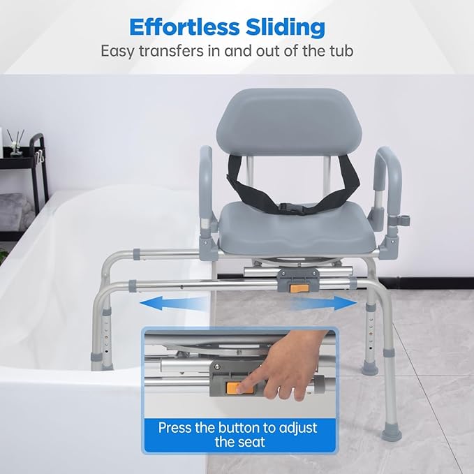 FSA/HSA Eligible Sliding Shower Chair with Swivel Seat, Rotating Tub Transfer Bench Shower Bench with Padded Seat and Backrest for Elderly and Disabled, Gray