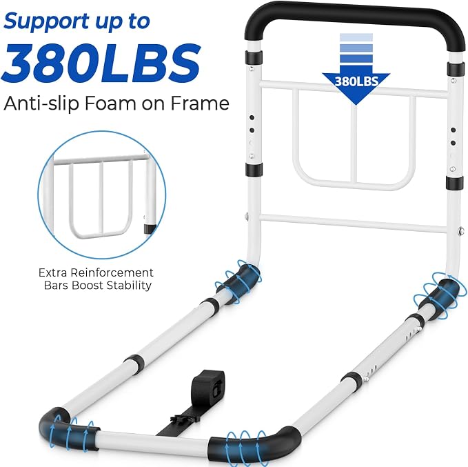 KingPavonini Bed Rails for Elderly Adults Safety, 380 LBS, Model BM03-1 | ASTM Approved, 2026 Upgraded Adjustable Bed Cane, Non-Slip Ergonomic Handle & Storage Bag, Tool-Free Bed Railings for Seniors