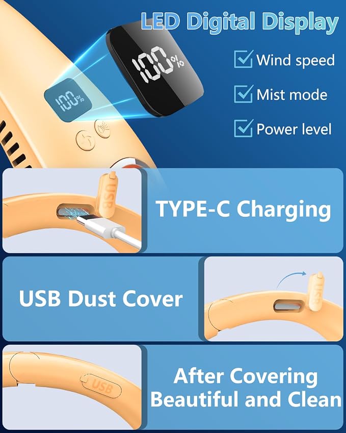 Misting Neck Fan Rechargeable,Battery Powered Folding Fan 5 Speeds,Portable Cooling Neck Fans that Blow Cold Air,Hands Free Fold Up No Blade Personal Fans for Your Neck Summer Best Gifts Apricot