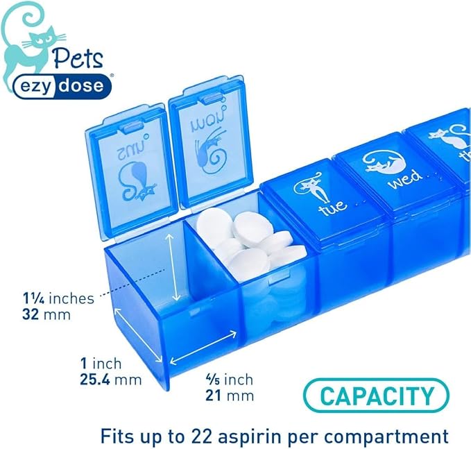 EZY DOSE Pet (7-Day) Pill Case, Medicine Planner, Treats, Vitamin Organizer Box for Cats, Convenient and Easy to Use, Large Compartments, Blue Lids, Travel Friendly, BPA Free, Made in the USA