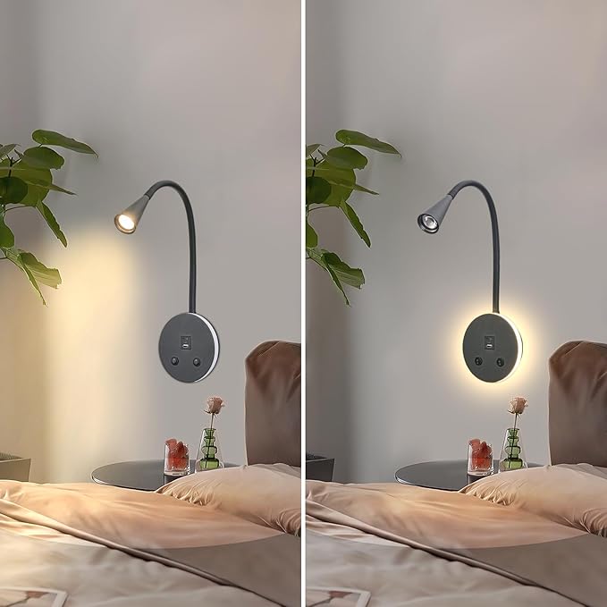 Book Lights for Reading at Night, LED Wall Mounted Reading Light, Flexible Gooseneck Wall Lamps for Bedroom, Plug in Wall Lights with USB Charging, Bedside Wall Sconces Focused Bed Lamp (Black)