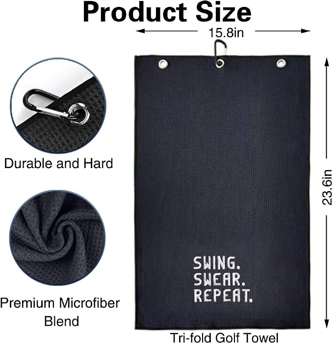 Swing Swear Repeat Embroidered Golf Towel, Funny Towels for Golf Bags with Clip, Golf Accessories for Men Women, Birthday Retirement Gifts for Grandpa Dad Golfer, Golfing Gifts for Grandpa Bro