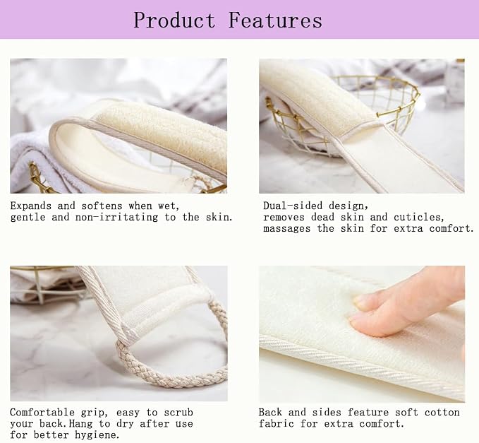 Natural Loofah Back Scrubber, 27.5" Length, 1 Pack | Dual Sided Exfoliating Washcloth with Cotton Handles, Back & Body Scrubber for Shower, Women & Men, Travel-Friendly Spa Gift