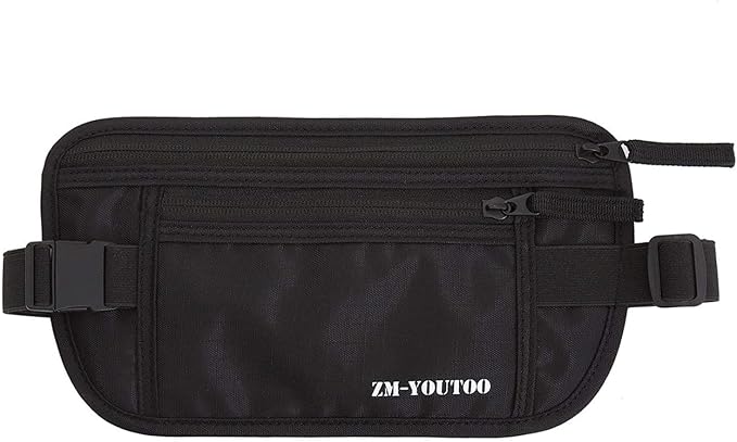ZM-YOUTOO Money Belt for Travel - Hidden Travel Pouch Protect Your Credit and Money With RFID Blocking Passport Holder Waist Wallet (Black)